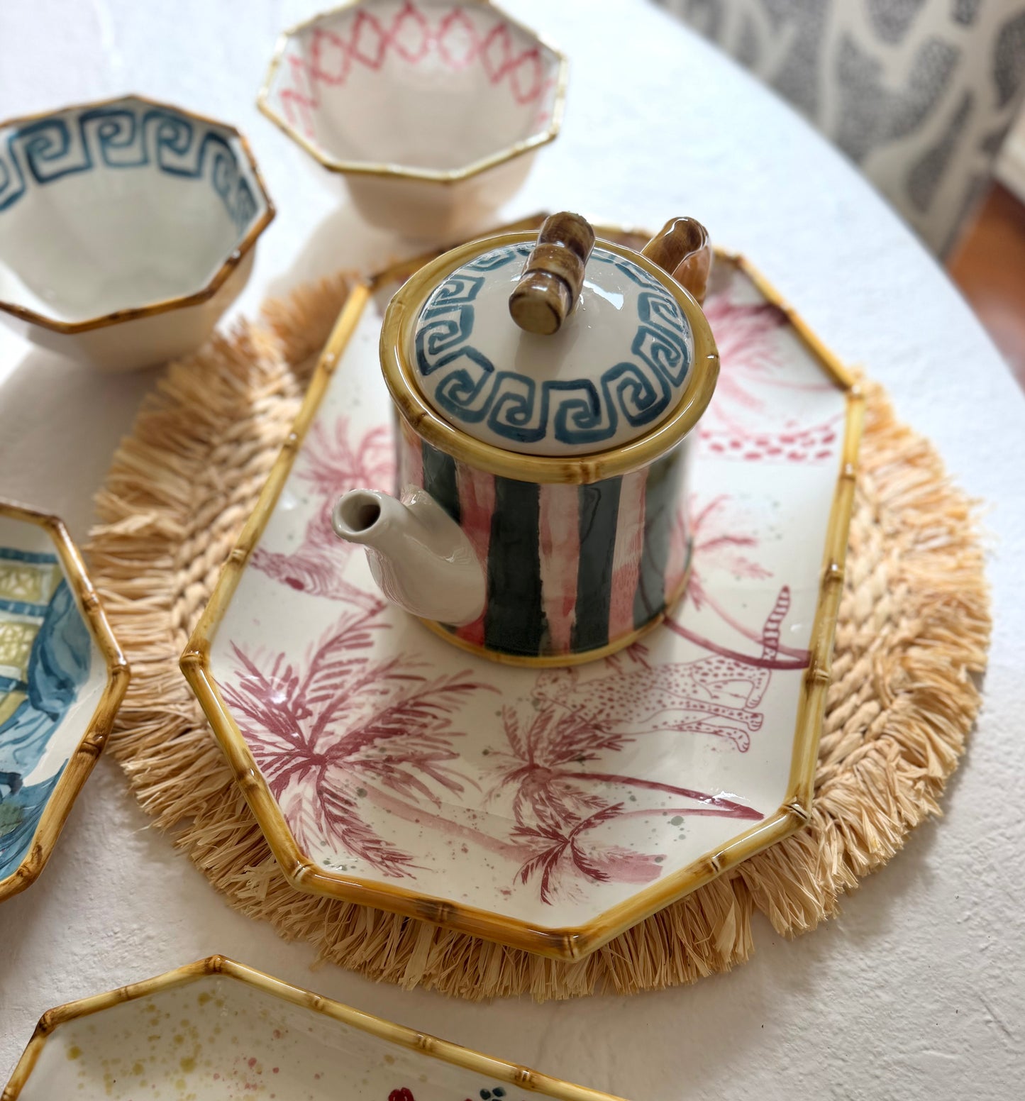 Hand-Painted Stoneware Striped Teapot with Bamboo Edges, 28 oz. - Goldenfinch Boutique