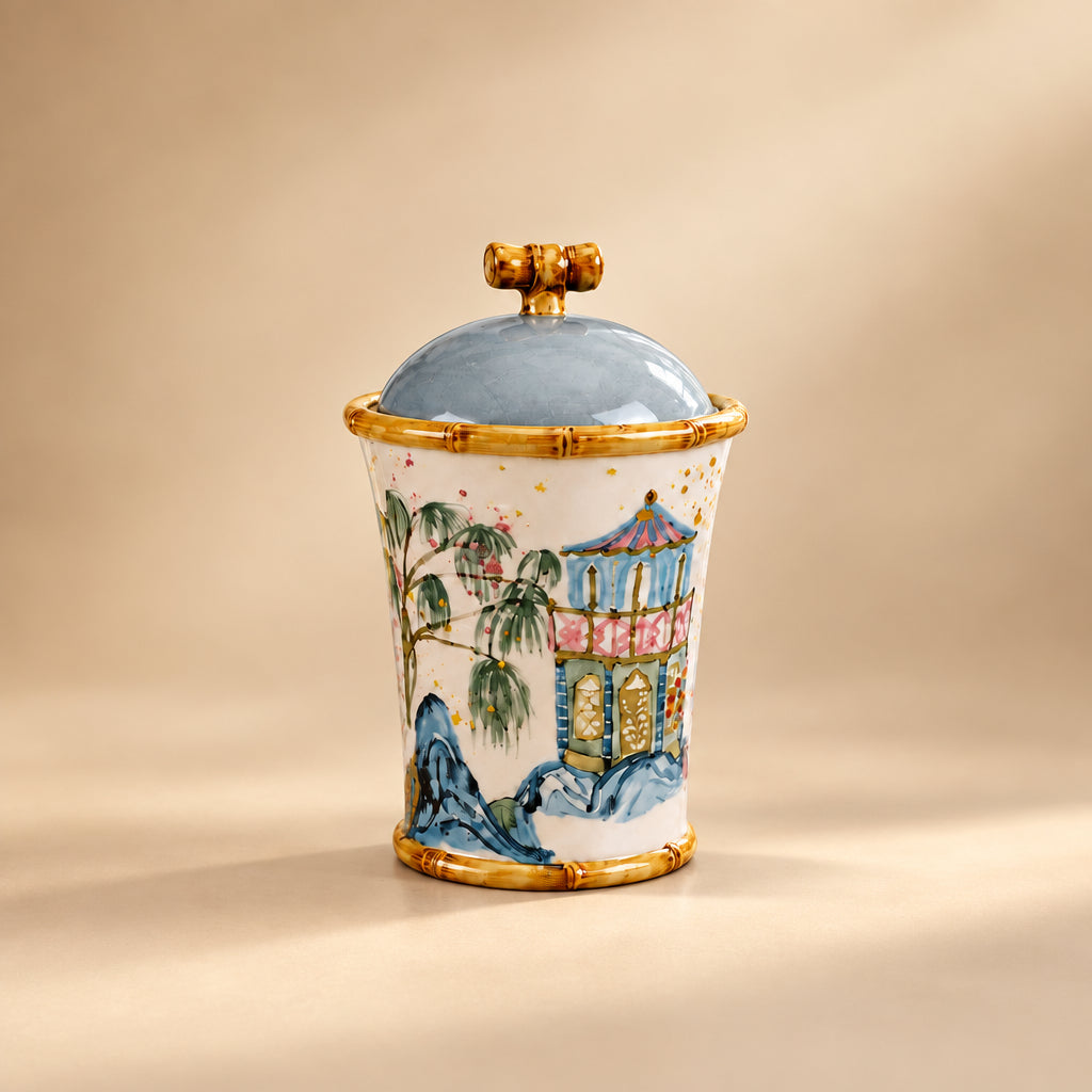 Hand-Painted Stoneware Canister with House, Palm Tree and Bamboo Style Edges - Goldenfinch Boutique