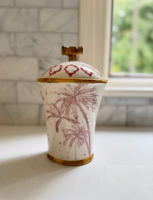 Hand-Painted Stoneware Canister with Palm Trees and Bamboo Style Edges - Goldenfinch Boutique