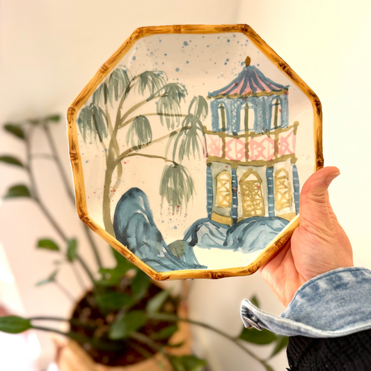 Hand-Painted Stoneware Octagon Plate with Palm Trees and House - Goldenfinch Boutique