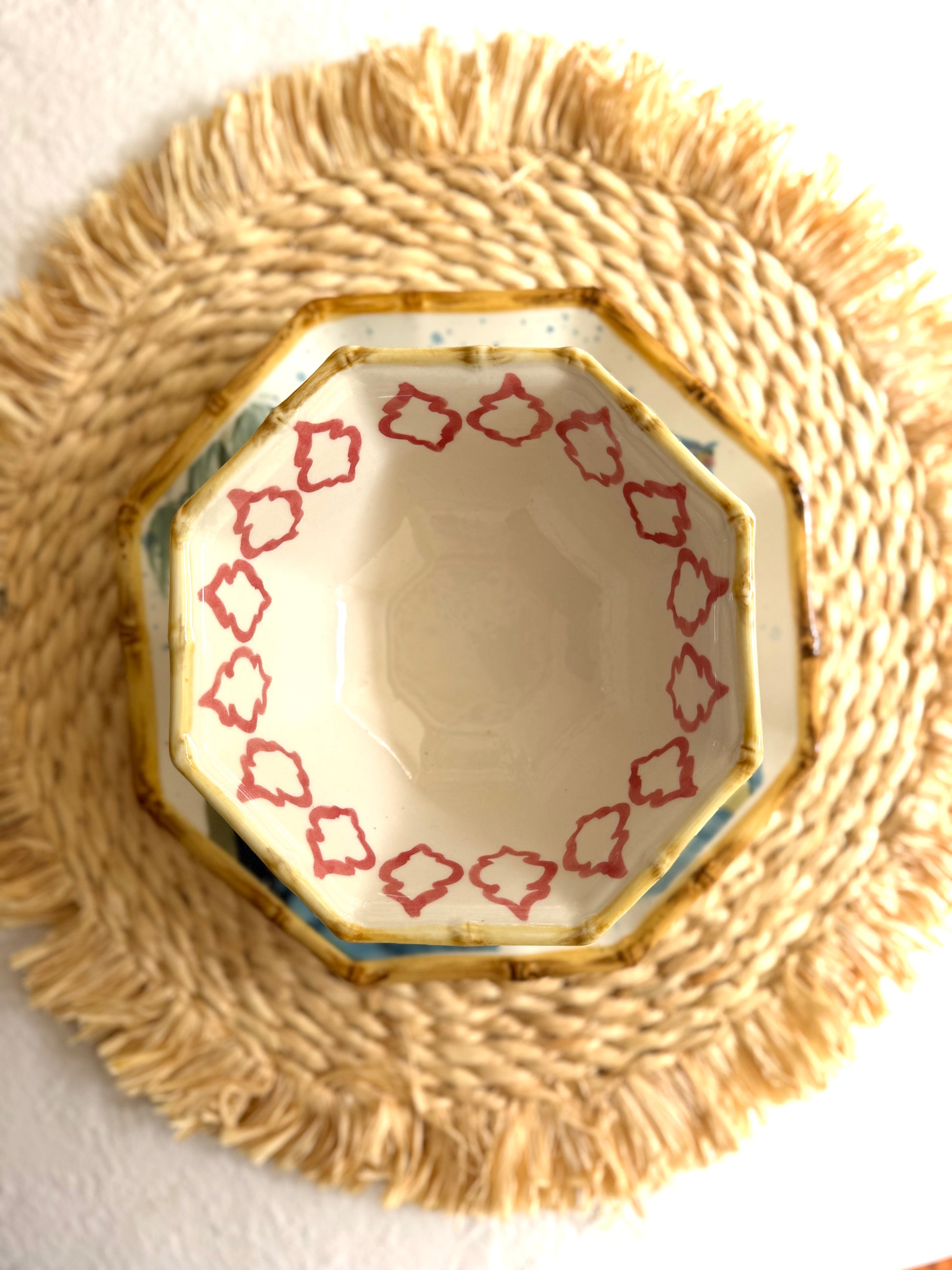 Hand-Painted Stoneware Octagon Bowl with Pattern and Bamboo Style Rim - Goldenfinch Boutique
