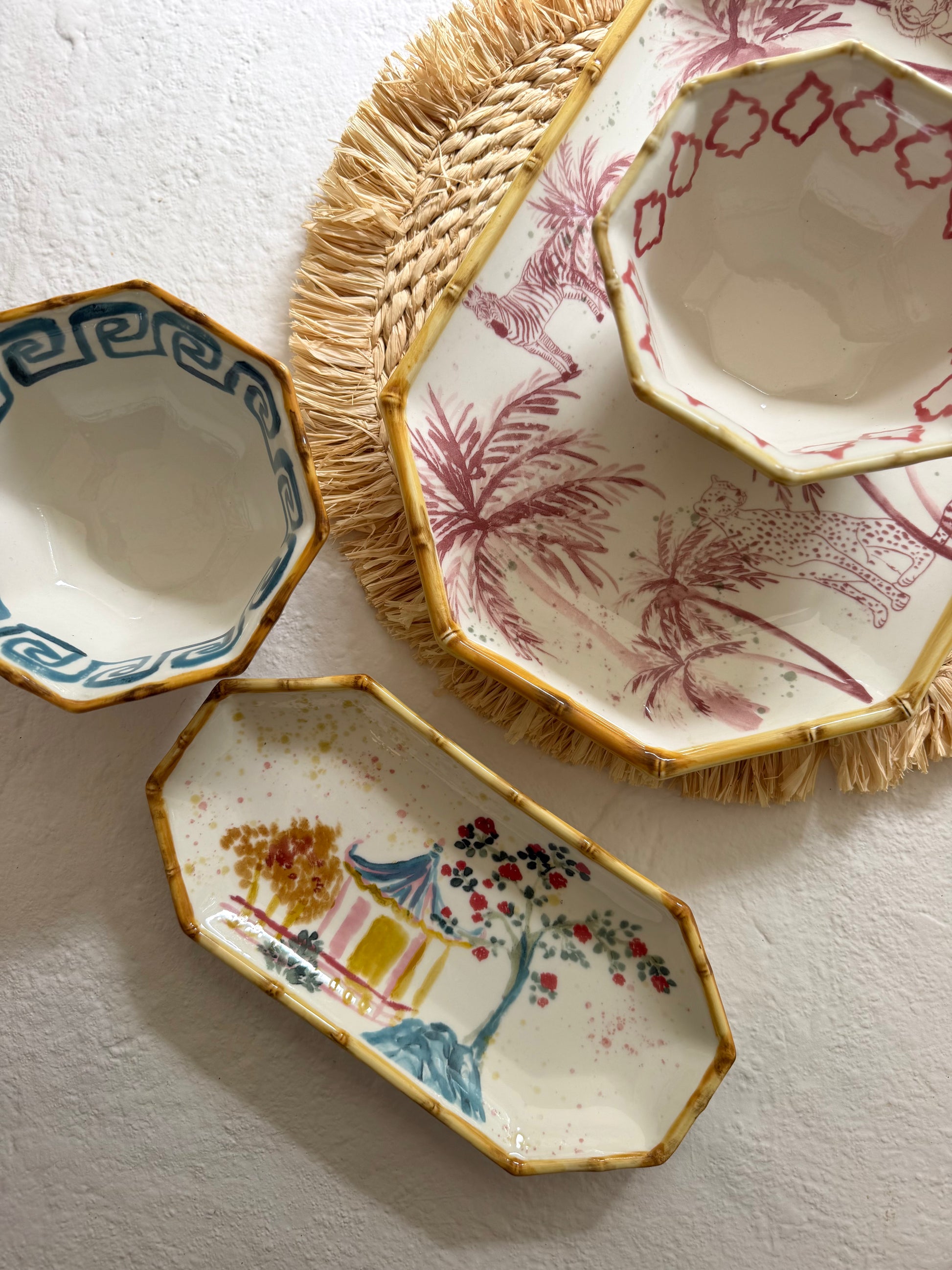 Hand-Painted Stoneware Octagon Bowl with Pattern and Bamboo Style Rim - Goldenfinch Boutique