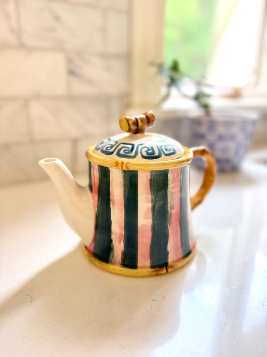 Hand-Painted Stoneware Striped Teapot with Bamboo Edges, 28 oz. - Goldenfinch Boutique
