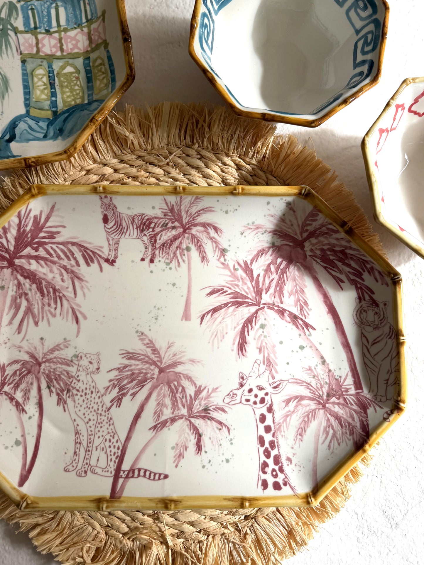 Hand-Painted Stoneware Octagon Bowl with Pattern and Bamboo Style Rim - Goldenfinch Boutique