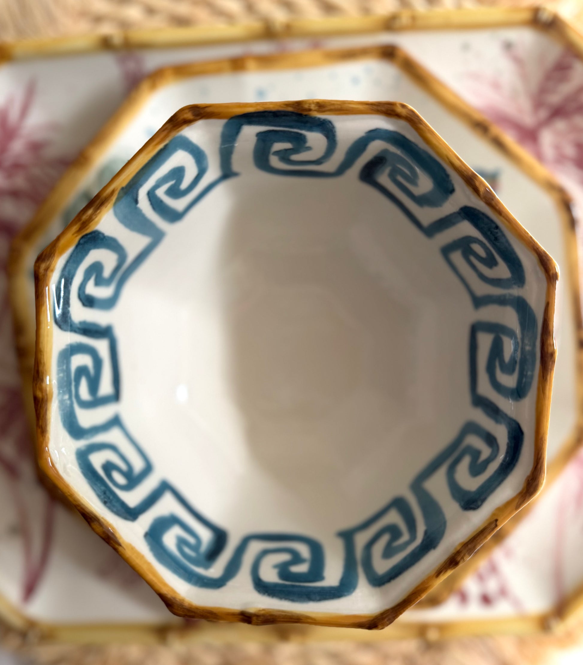 Hand-Painted Stoneware Octagon Bowl with Pattern and Bamboo Style Rim - Goldenfinch Boutique