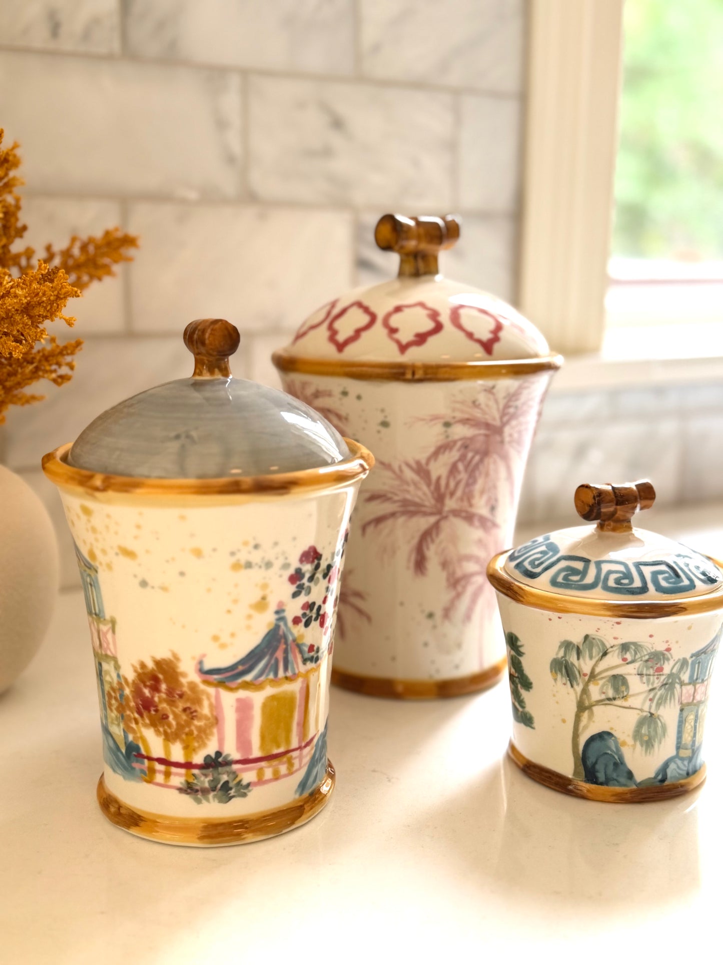 Hand-Painted Stoneware Canister with House, Palm Tree and Bamboo Style Edges - Goldenfinch Boutique