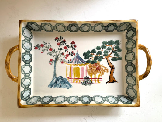 Hand-Painted Stoneware Baker with House, Trees, Bamboo Style Edge and Handles, 2 Quart - Goldenfinch Boutique