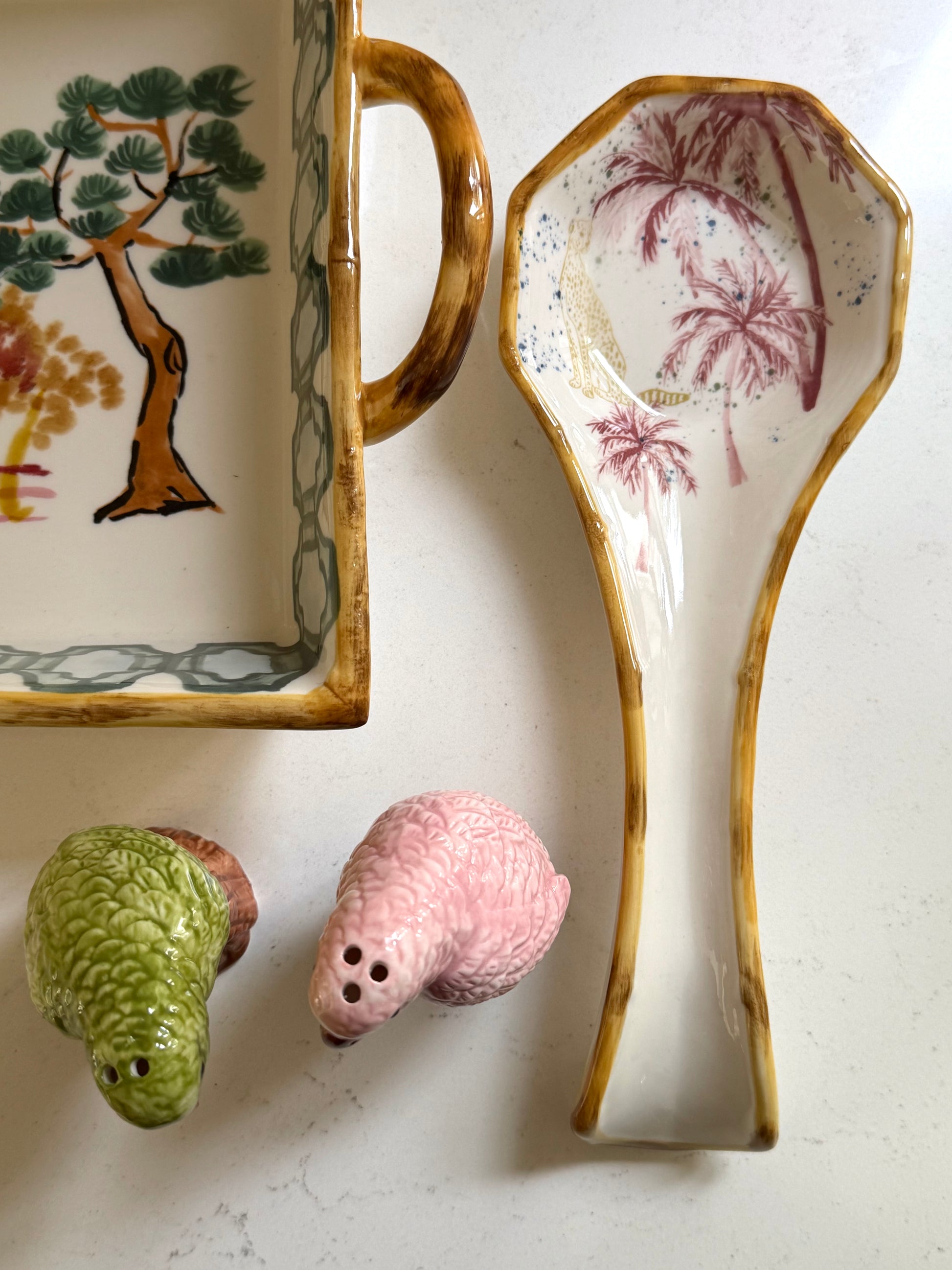 Hand-Painted Stoneware Baker with House, Trees, Bamboo Style Edge and Handles, 2 Quart - Goldenfinch Boutique