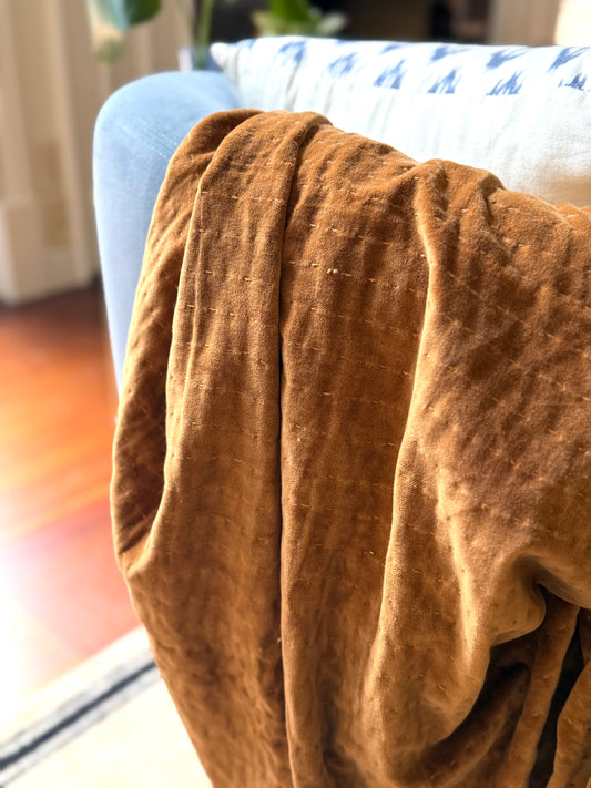 Hand-Embroidered Cotton Velvet Throw Blanket - Goldenfinch Boutique