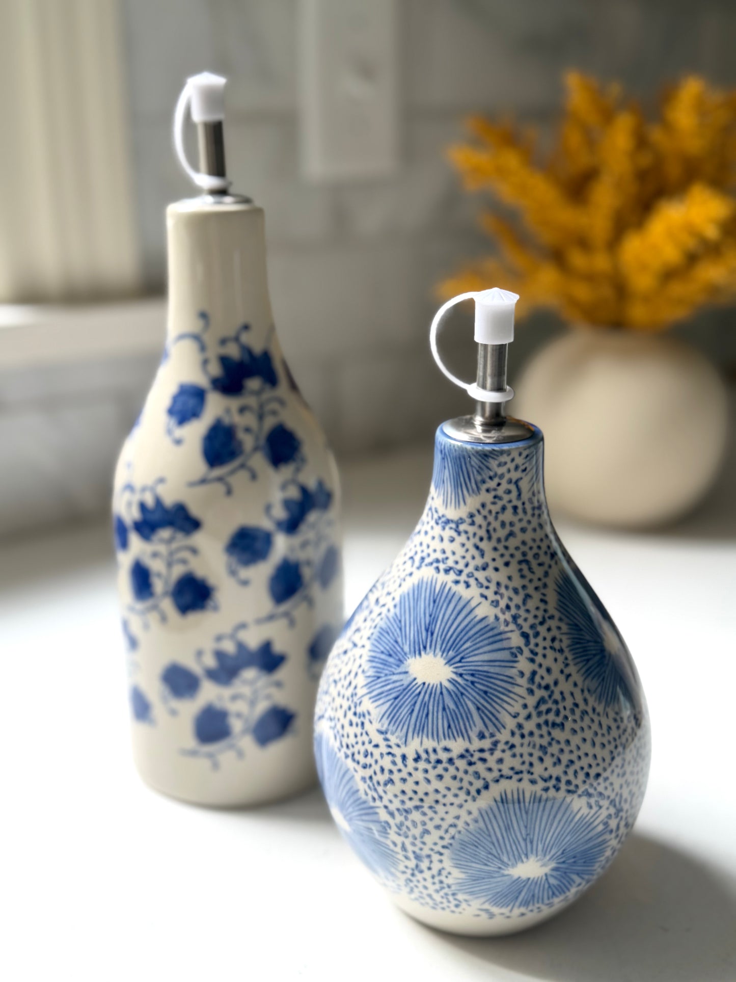 Stoneware Oil Cruet with Floral Pattern, 2 Styles - Goldenfinch Boutique